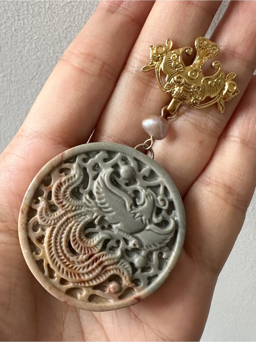 Ocean Jasper Phoenix Pendant with Hook (fit on pearl necklace) 1.55 inch